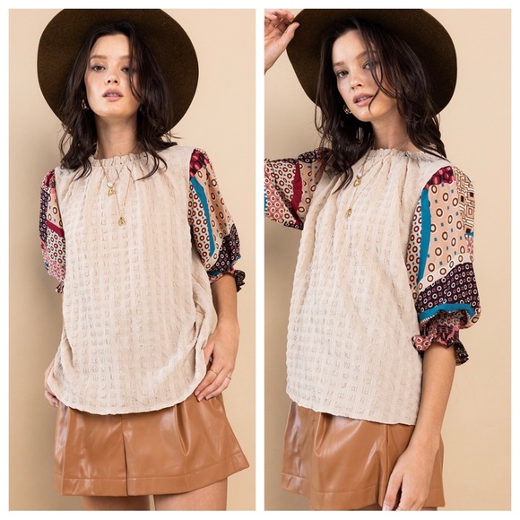 08 Boho Multi Fabric Ruffle Half Sleeve Blouse Top - Picture 2 of 4